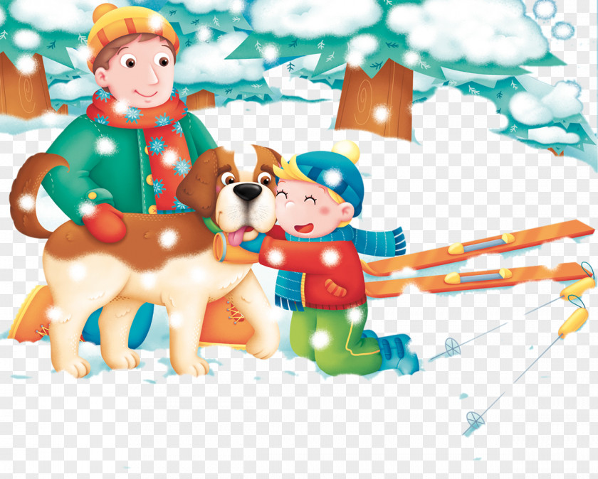 Winter Snow Ski Father And Son Puppy Illustration PNG