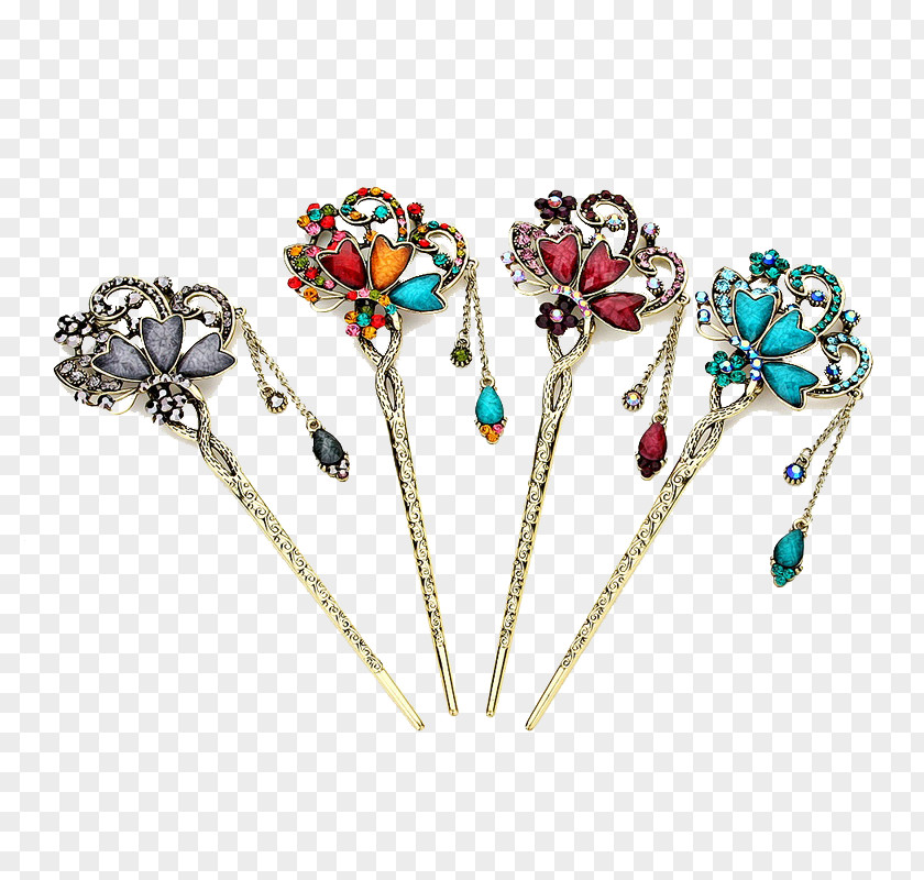 Antiquity Three Flowers Inlaid Brick Hairpin Flower Petal Designer Clip Art PNG