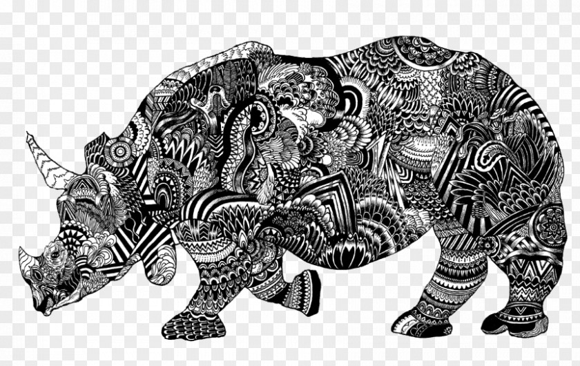 Chinese Style Black And White Rhino Ornament Rhinoceros Visual Arts Illustration PNG