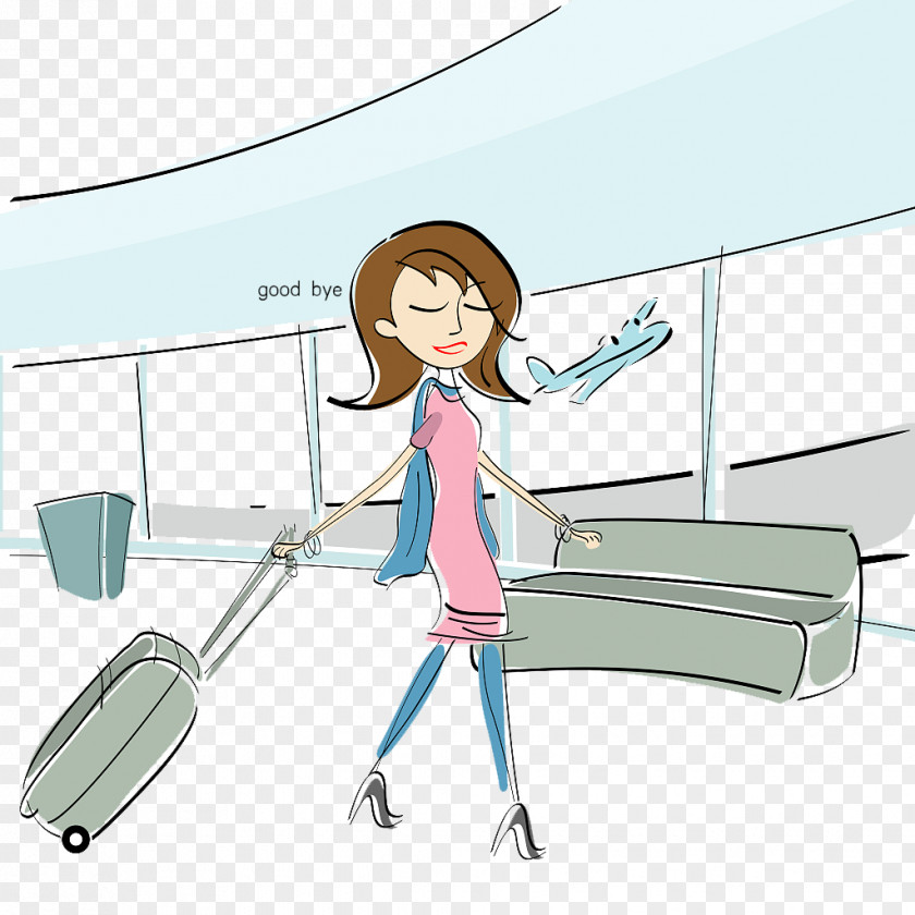 Fashion Illustration Airport Departure Goodbye Suitcase Baggage Woman Travel Clip Art PNG