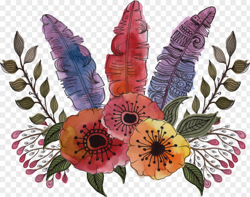 Colored Hand-painted Feather Flowers Bird Flower Watercolor Painting PNG