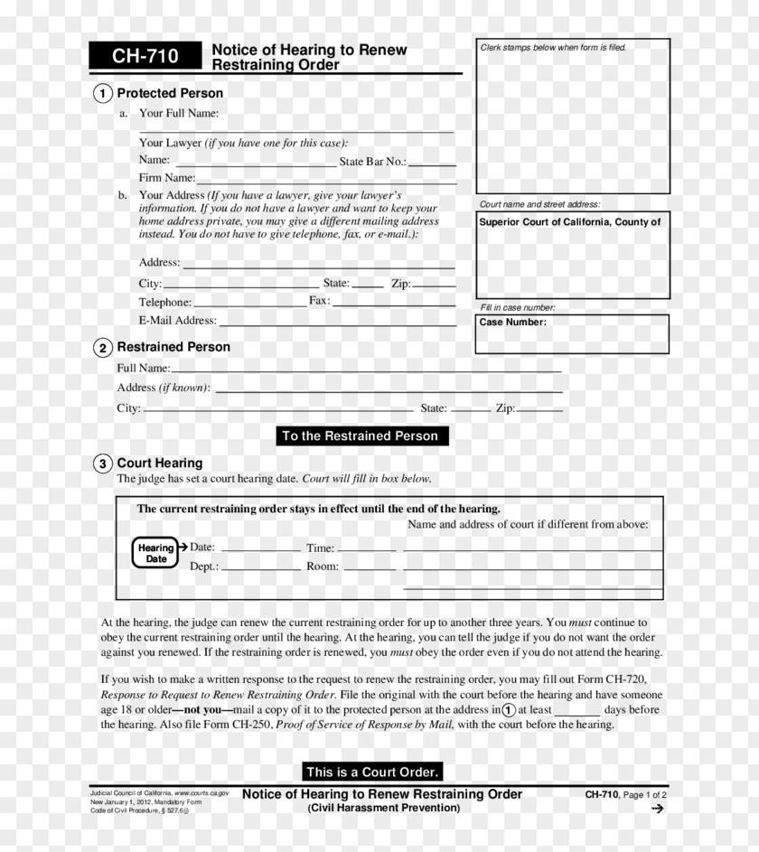 Order FOrm Document Civil Harassment Restraining Form Notice Of Hearing PNG