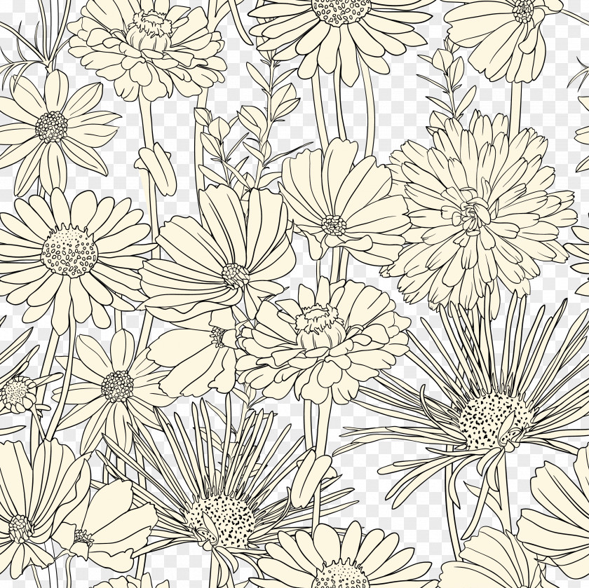 Flowers, Black And White Line Art BackgroundVector Material Draw Flowers Drawing Pattern PNG