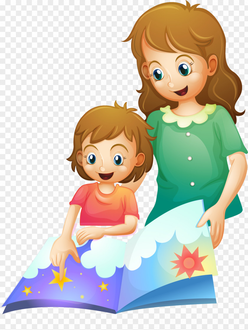 Vector Painted Mother Child Bedtime Story Clip Art PNG