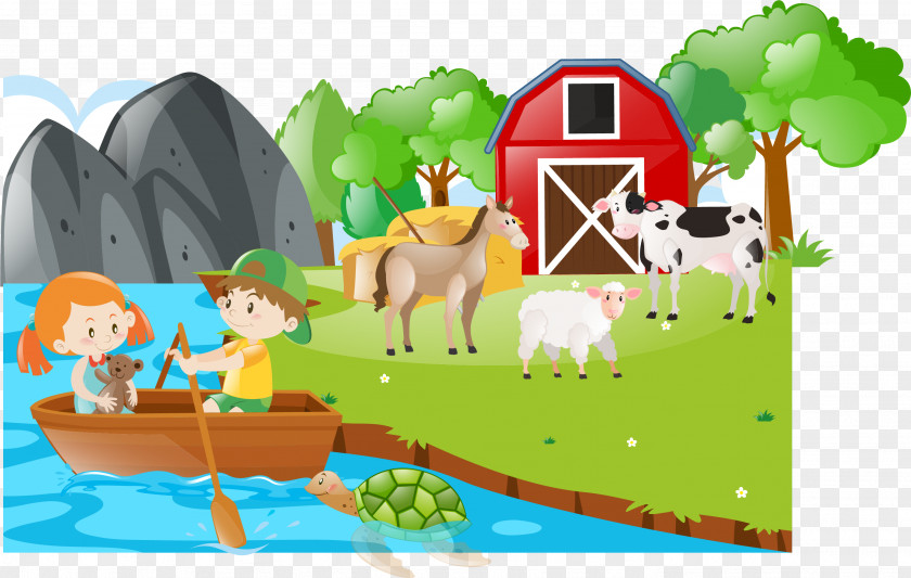 Vector Lake Side Of The Farm Cattle Farmer Illustration PNG