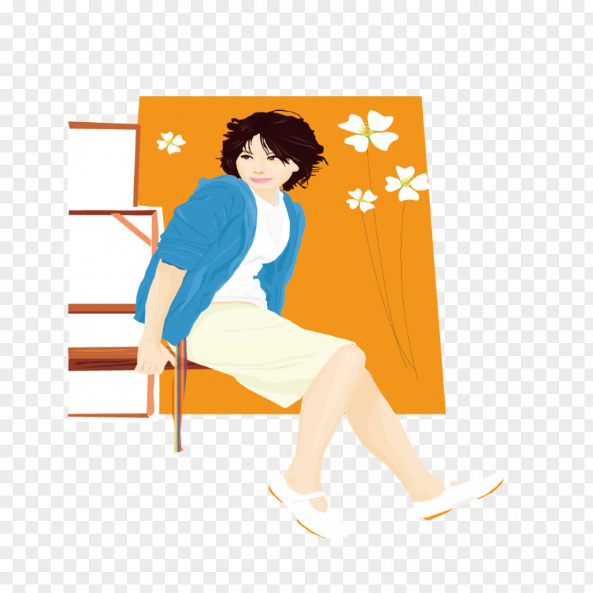 Sitting Woman With Short Hair Cartoon Illustration PNG