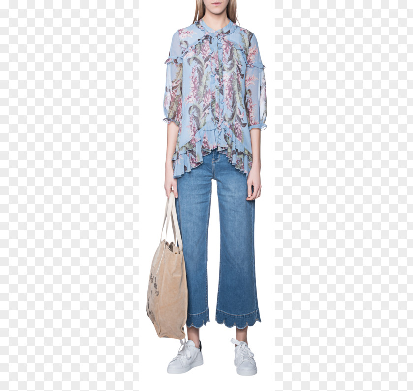Fashion Woman Printing Jeans Shoulder Denim Sleeve Blouse PNG
