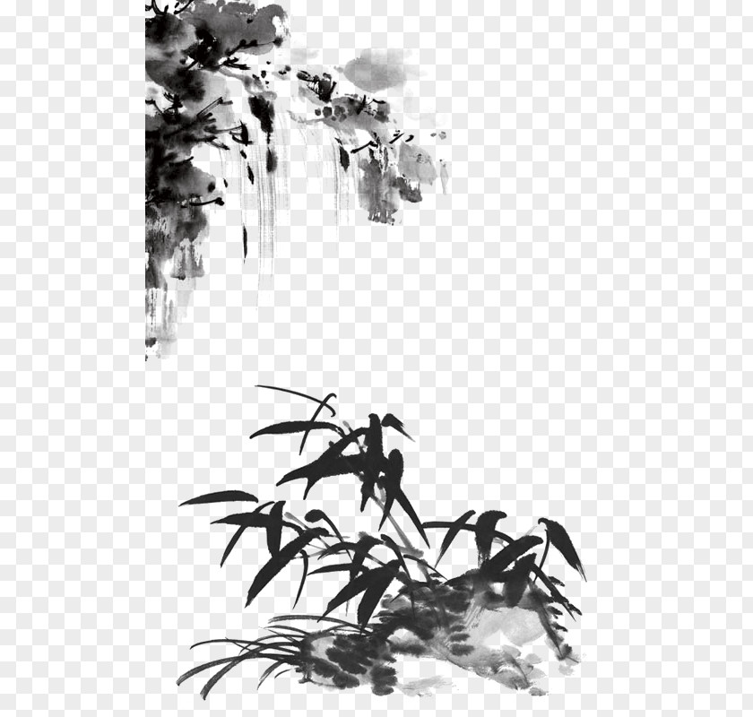 China Drawing Ink Wash Painting Illustration PNG wash painting Illustration, Chinese ink, wind, mountain waterfalls and orchids, black bamboo grass illustration clipart PNG