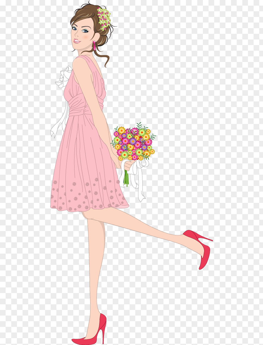 Hand-painted Beautiful Bride Contemporary Western Wedding Dress Nosegay Illustration PNG