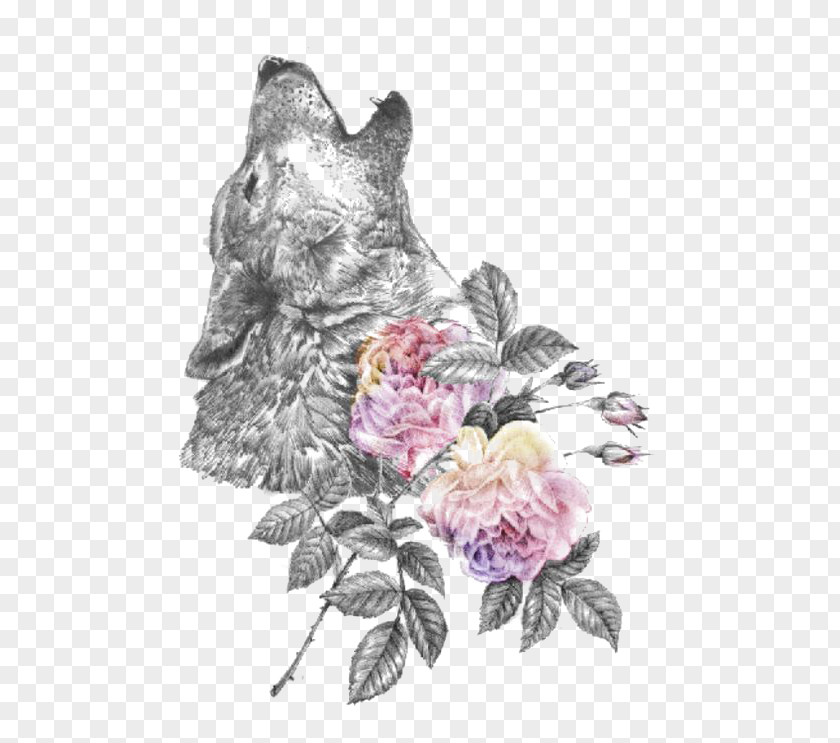 Watercolor Wolf Printing Gray Watercolour Flowers African Wild Dog Painting PNG