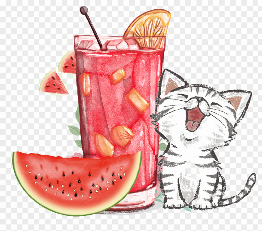 Avoid Digging Hand-painted Watermelon Juice Drinks Orange Soft Drink Cocktail Cat PNG
