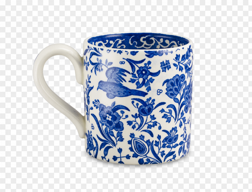 Blue Peacock Burleigh Pottery And White Ceramic Coffee Cup PNG