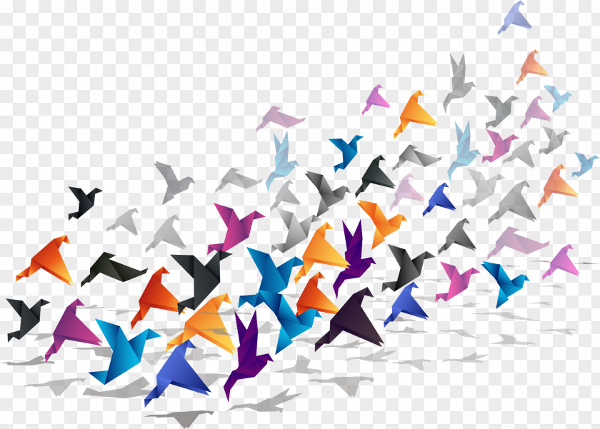 Color Paper Cranes Floating Material Bird Flight Origami Crane PNG