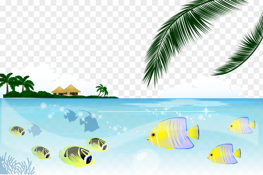 Vector Cartoon Fish Painted Seascape Palm Island Koi Pufferfish Fishing PNG