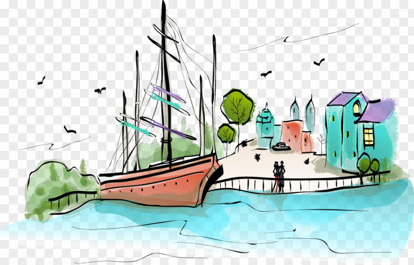 Cartoon Watercolor Painted House Boat Drawing Illustration PNG