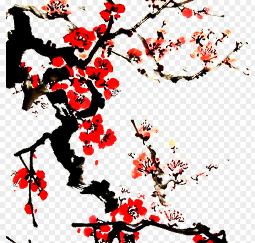 Plum Flower Ink Wash Painting Blossom PNG