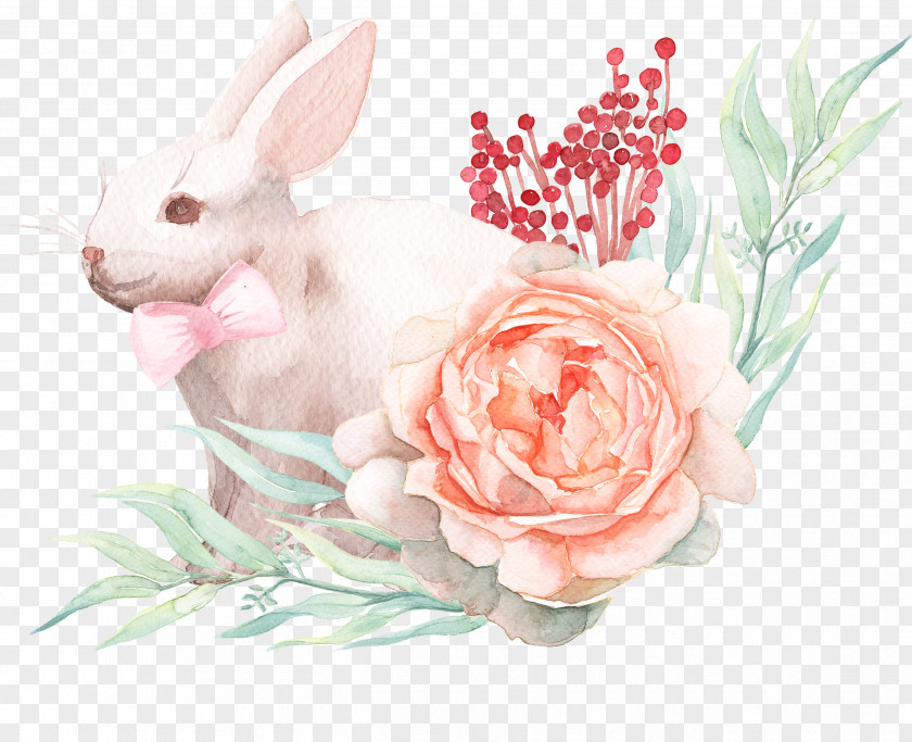 Rabbit With Bow Easter Bunny Paper Watercolor Painting PNG