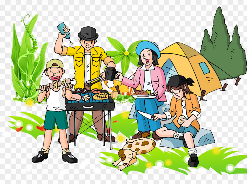 Cartoon Family Camp Barbecue PNG