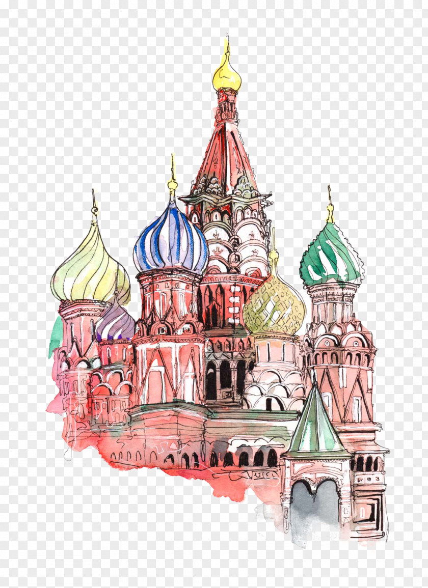 Hand Painted Castle Saint Basils Cathedral Red Square Paper Sticker Wall Decal PNG