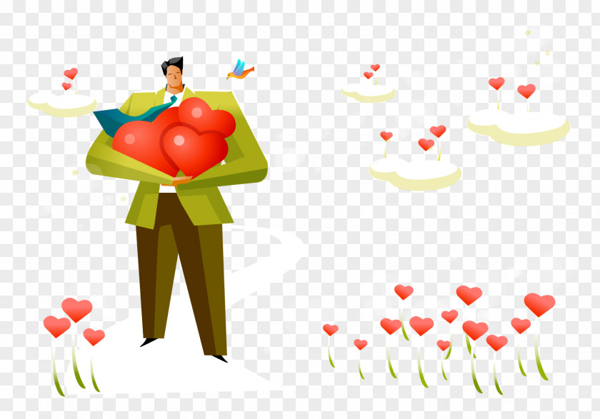 Vector Color Business Man Holding Heart-shaped Flowers Drawing Illustration PNG