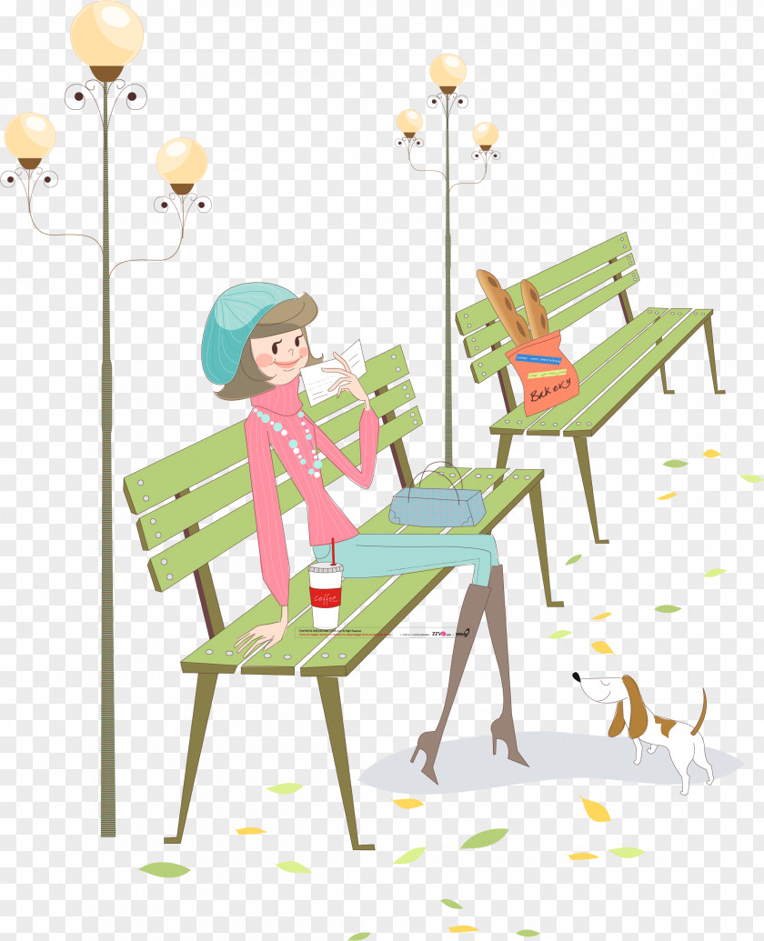 Cartoon Woman On A Park Bench Chair PNG