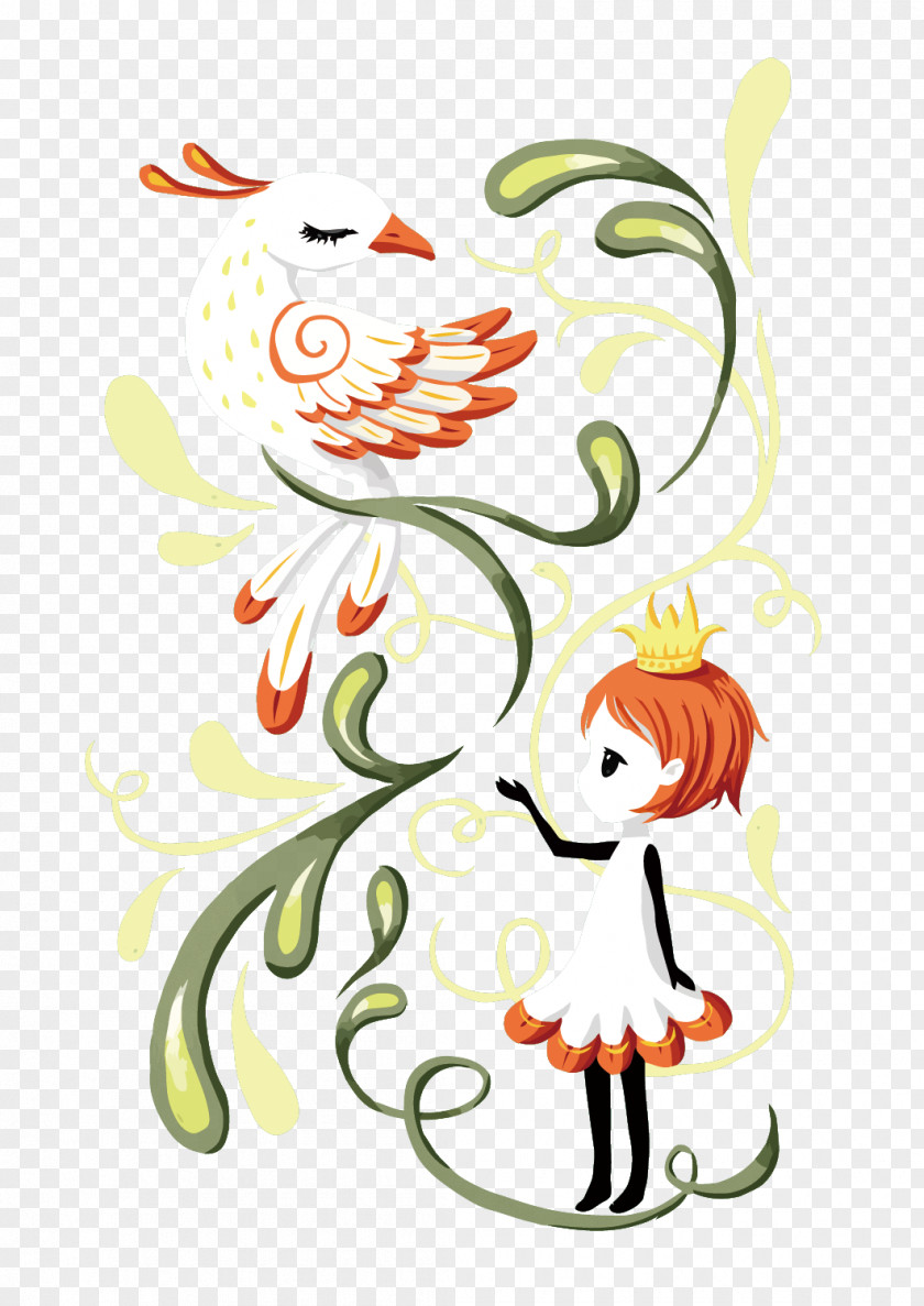 Vector Little Princess And Peacock A Floral Design Graphic Cartoon PNG