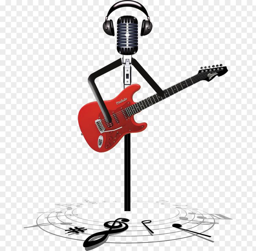 Microphone Guitar Music PNG Music, guitar, black and gray condenser microphone with red electric guitar illustration clipart PNG