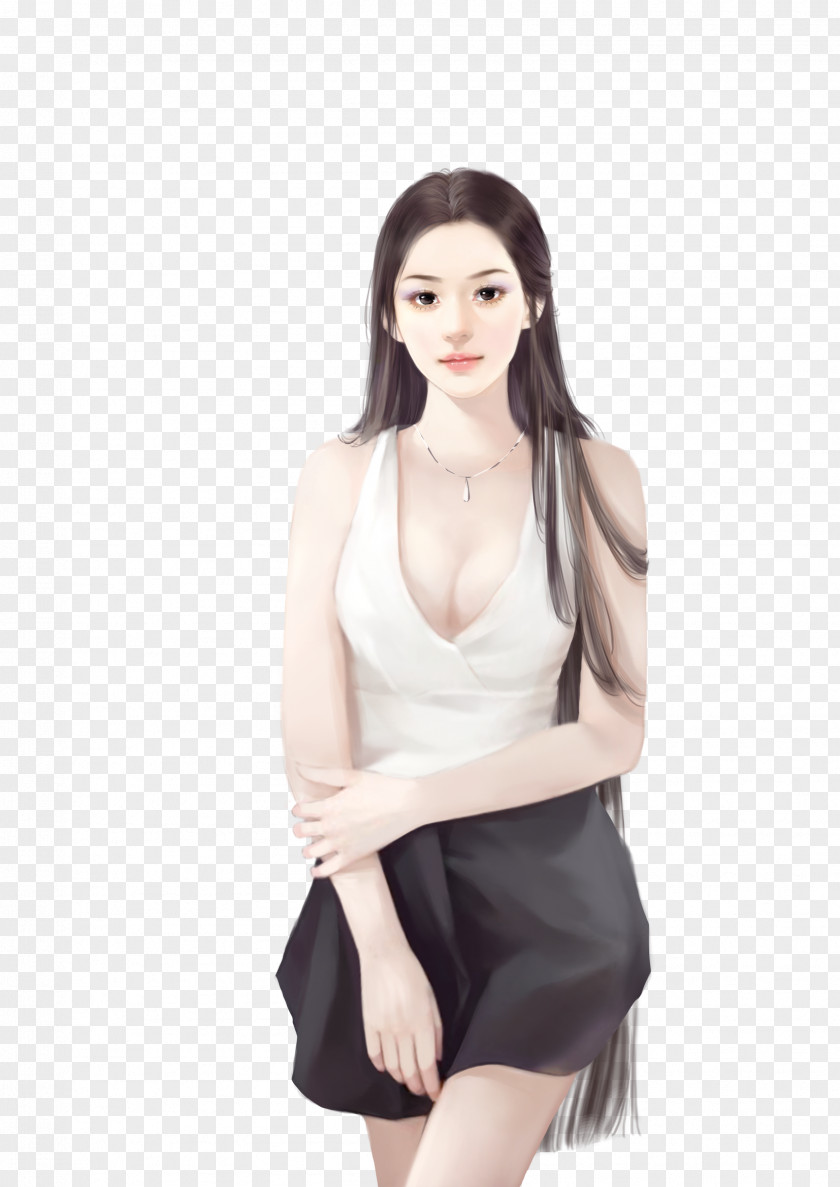 Hand-painted Long Hair Fluttering Beauty Woman PNG