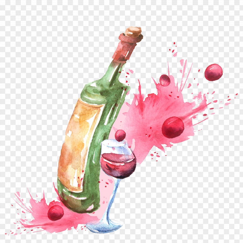 Watercolour Wine Bottles And Glasses Red Champagne Cocktail Watercolor Painting PNG