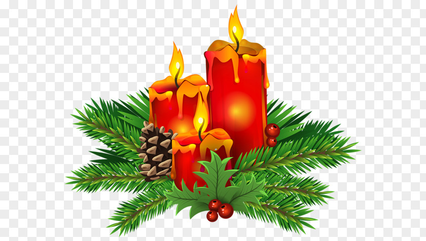 Pine Boughs And Candles Christmas Candle Clip Art PNG