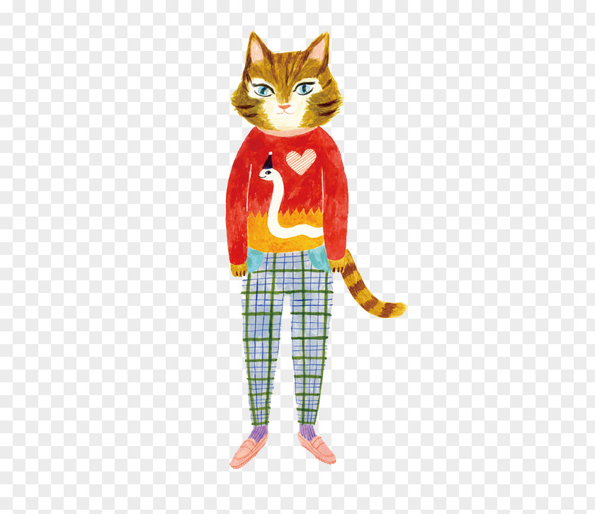 Cartoon Cat Wearing Clothes Colored Pencil Drawing PNG