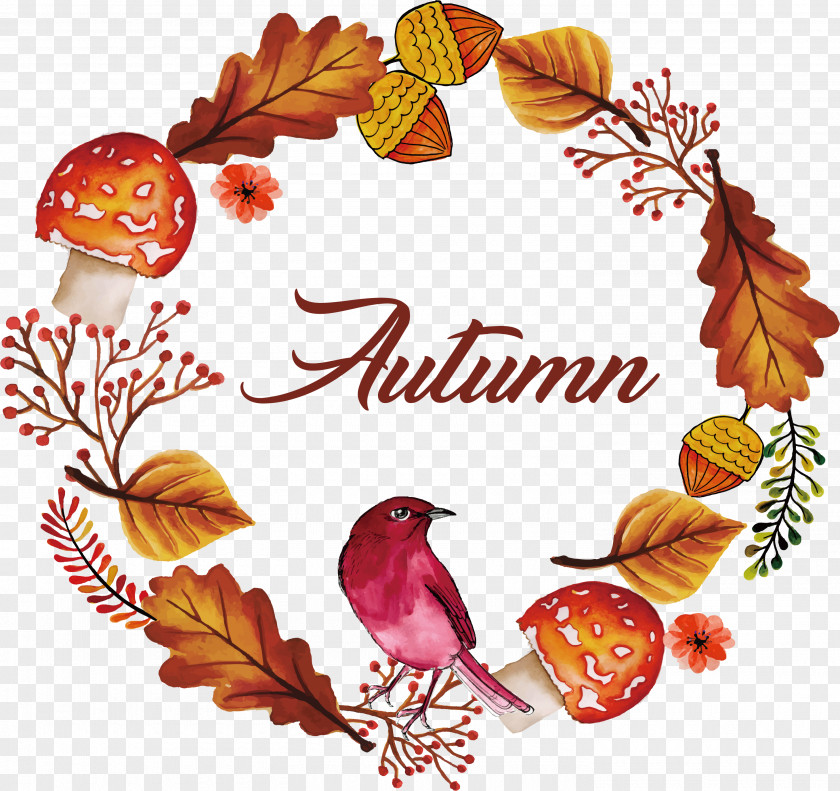 Autumn Watercolor Flower And Bird PNG