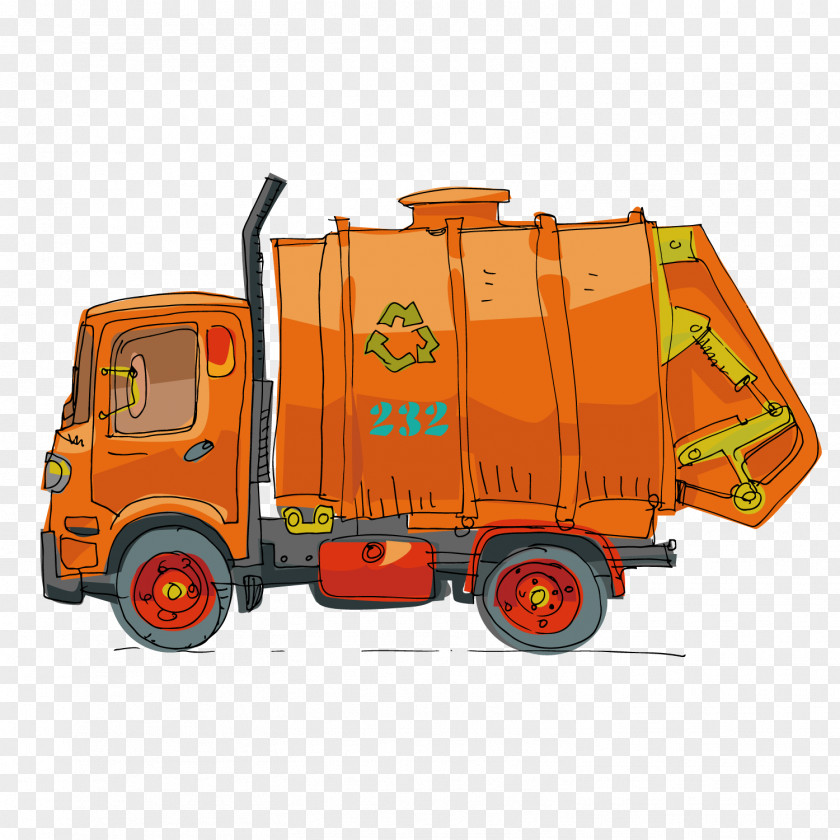 Vector Yellow Hand-painted Garbage Truck Flat Cartoon PNG