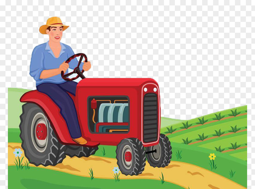 The Farmer With Red Tractor Harvested In Fields Agriculture Clip Art PNG