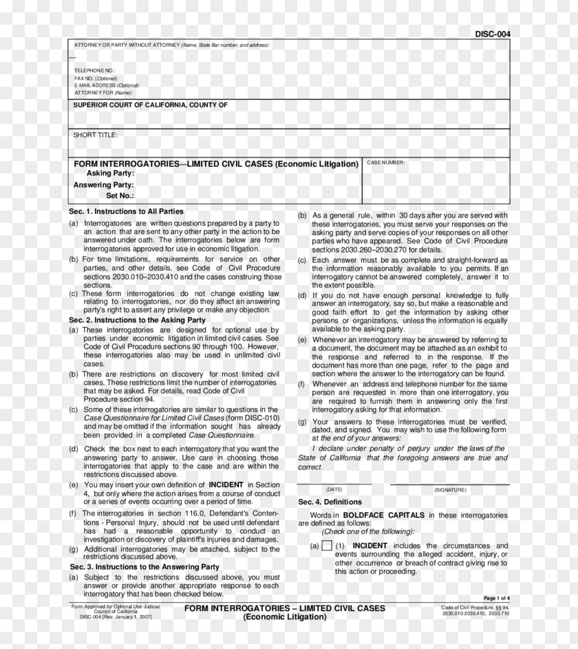 Civil Case Interrogatories Discovery Document Form Law PNG