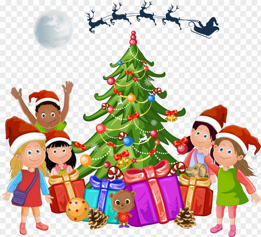 Cartoon Christmas Tree Next To The Children PNG