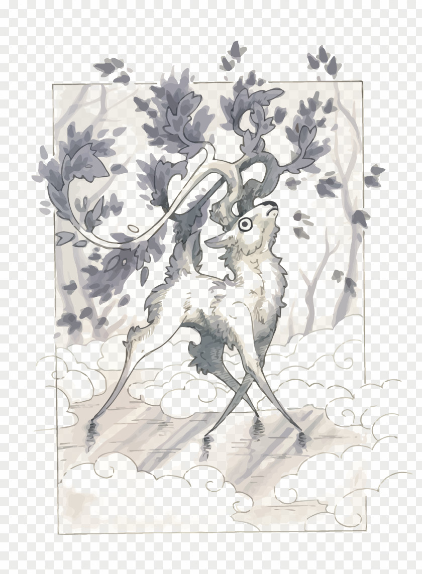 Vector Watercolor Deer Painting Drawing Sketch PNG