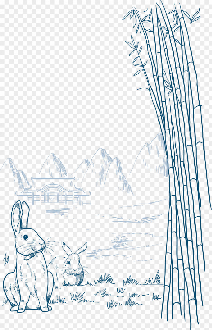 Hand Painted Bamboo Forest Rabbit Mid-Autumn Festival Illustration PNG