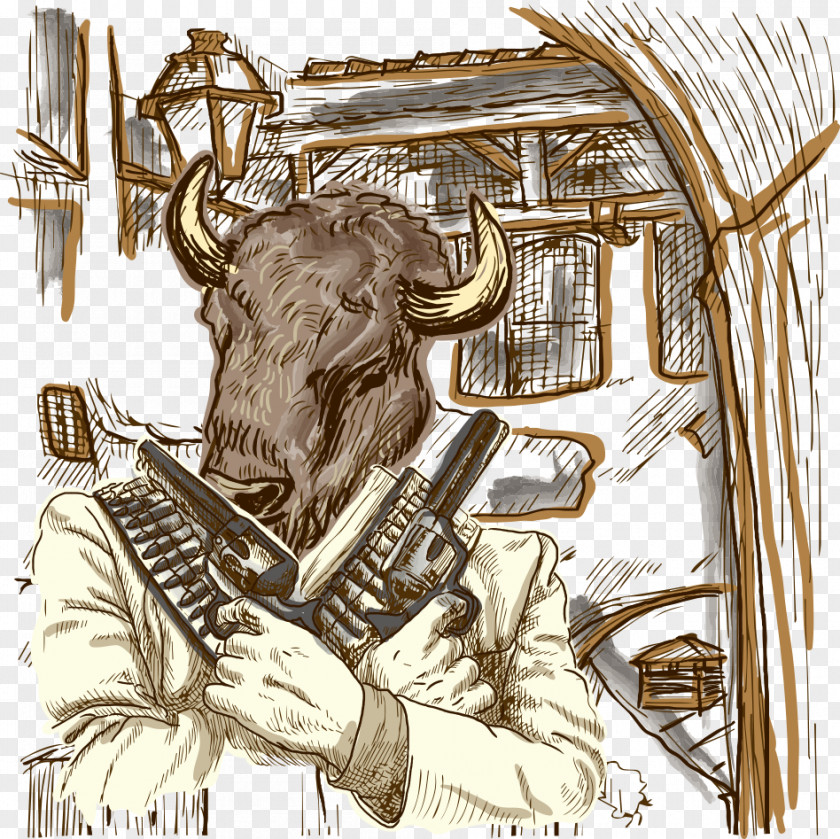 Vector Cow With A Gun Drawing Line Art Photography Illustration PNG