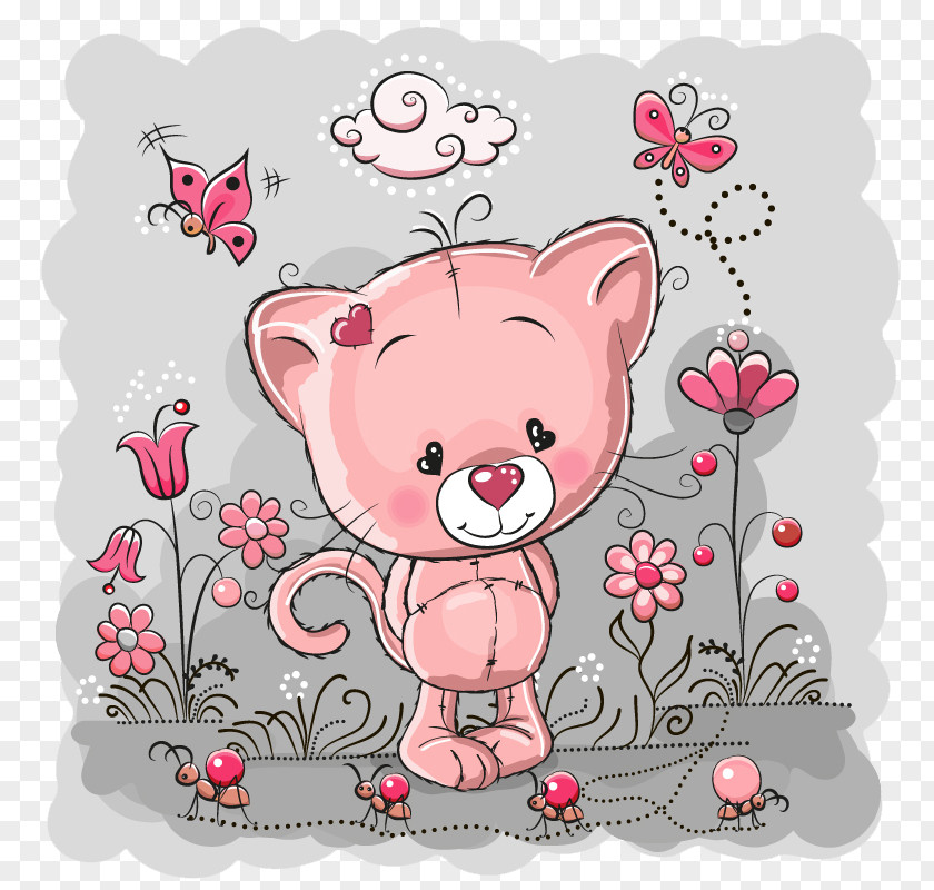 Pink Cat Illustration Giant Panda Kitten Bear Flower PNG