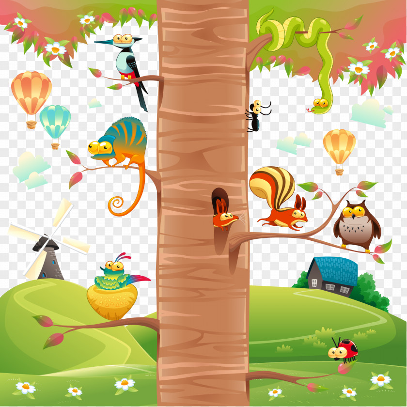 Tree Cute Animals Vector Material PNG