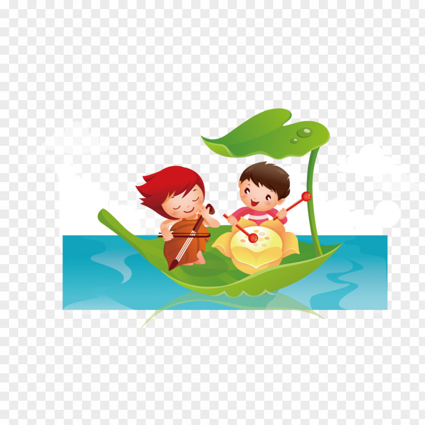Drums And Playing A Violin On Lotus Leaf Boat Children Cartoon Child Illustration PNG