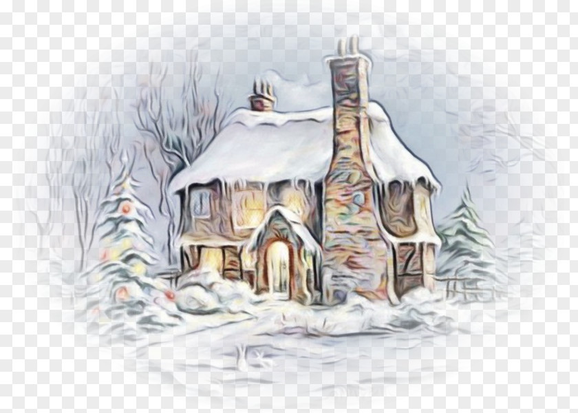 Watercolor Paint Home Hut House Winter Sketch Cottage PNG