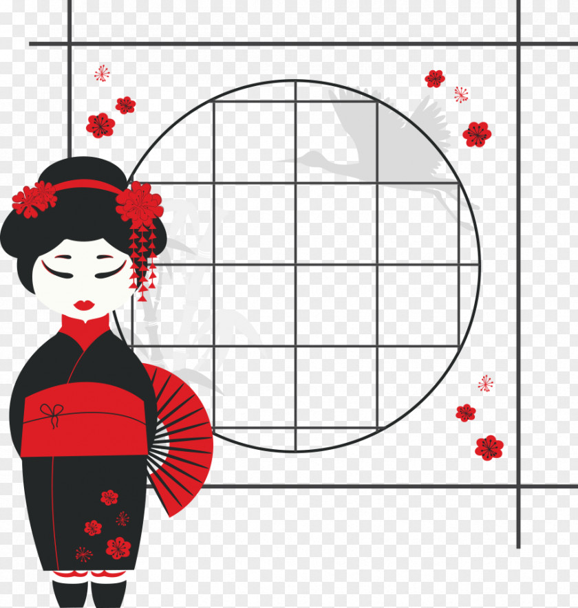Vector Woman With Red Flowers Japan Geisha Cartoon Illustration PNG