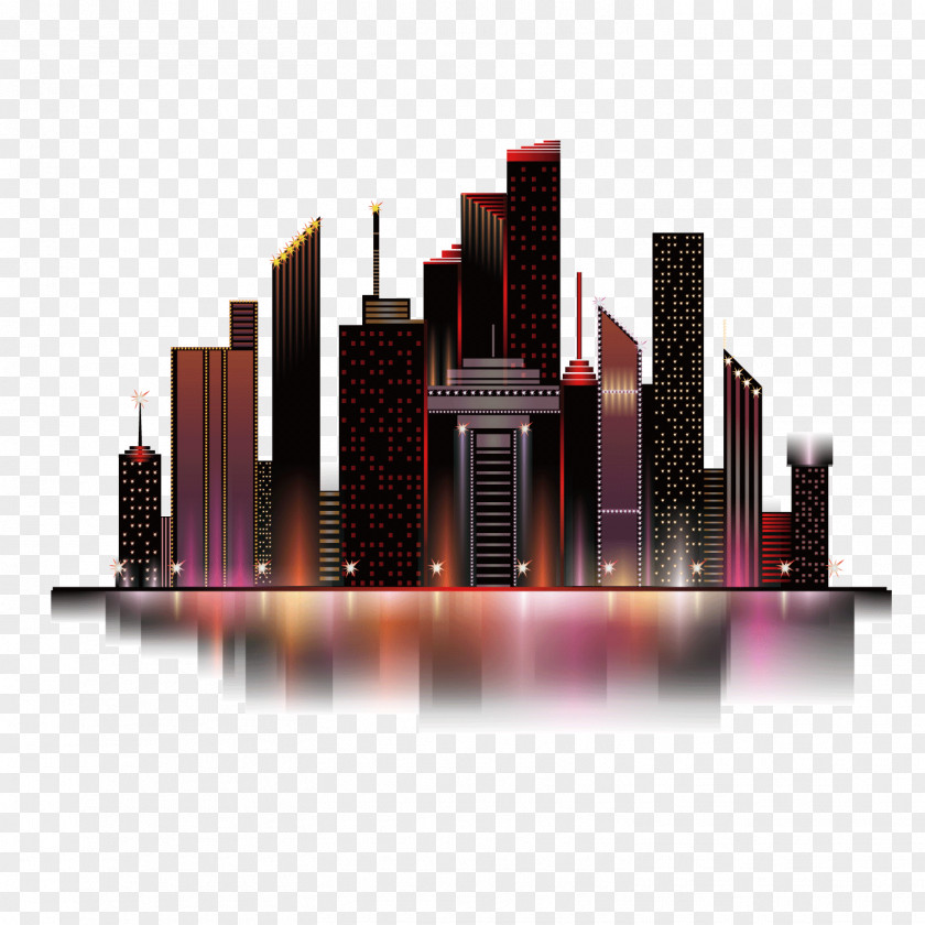 Vector Red Reflections Colorful Buildings Urban Night Sky PNG
