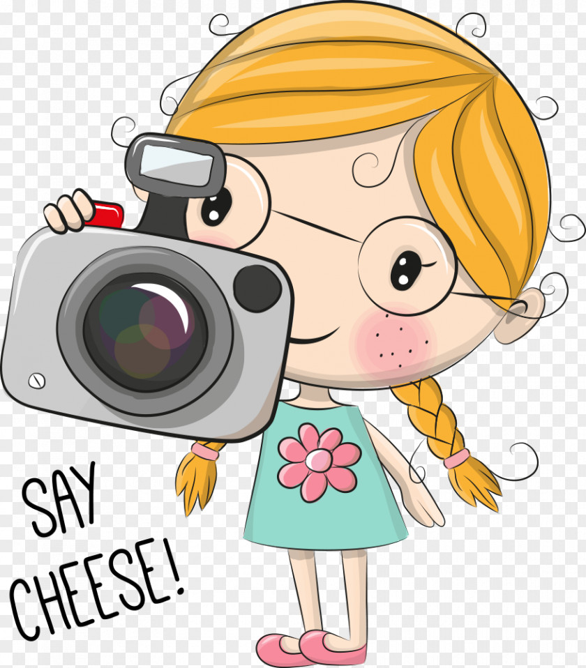 Cartoon Stock Photography Illustration PNG photography Illustration, Girl, girl holding camera with say cheese! text overlay illustration clipart PNG