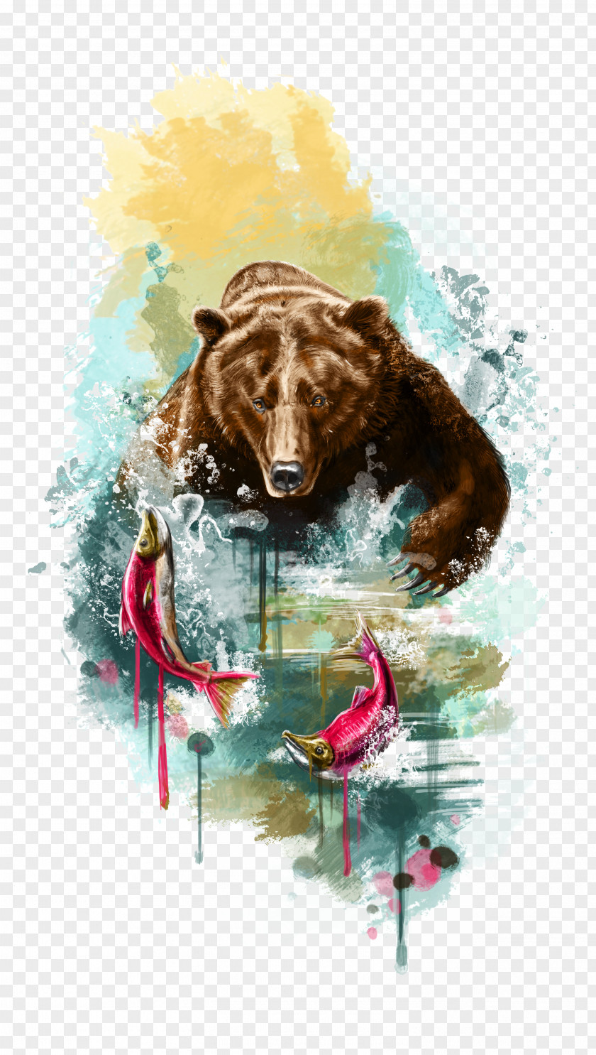 Hand Painted Watercolor Bear Caught Fish PNG