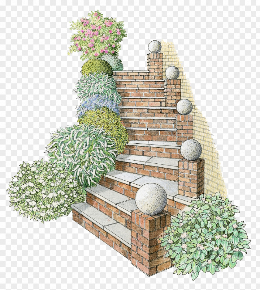 Hand Painted Square Brick Stairs Drawing Garden PNG