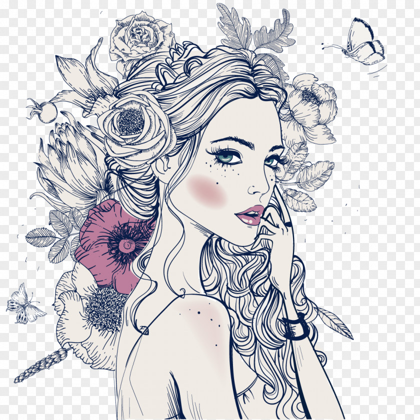 Female Flowers Butterfly Illustration Portrait Flower Stock Photography PNG