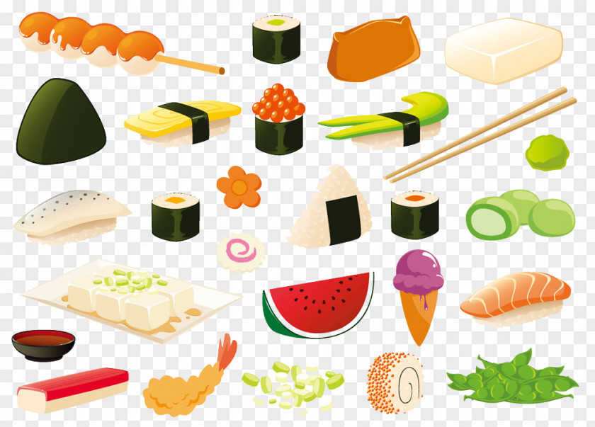A Variety Of Fruits And Sushi Japanese Cuisine Sashimi Nabemono PNG